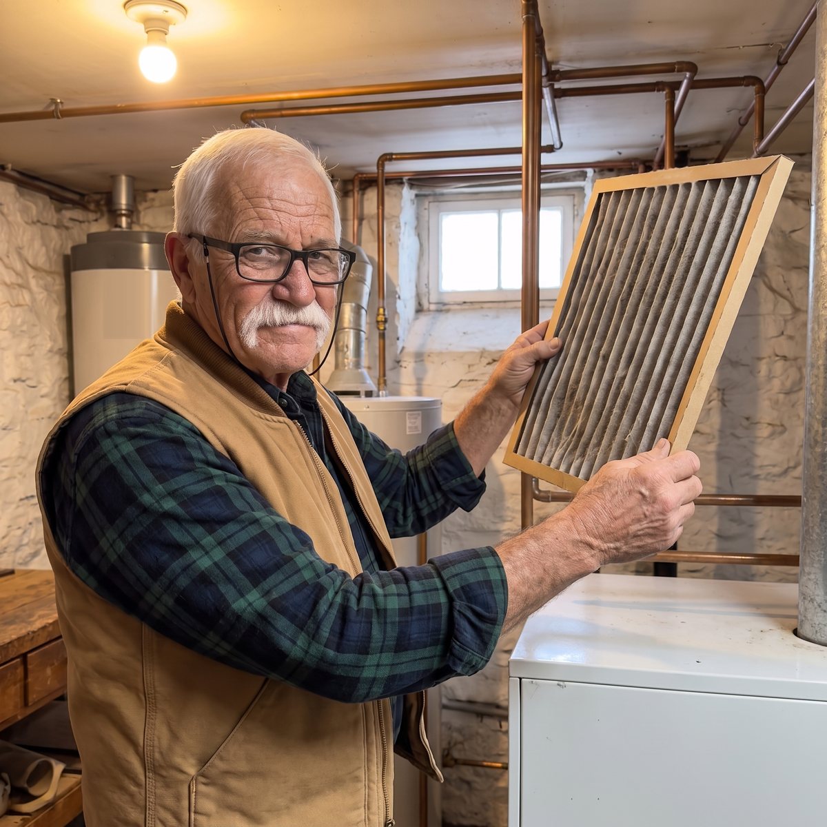 Tom Brennan holding a dirty furnace filter up to the basement window