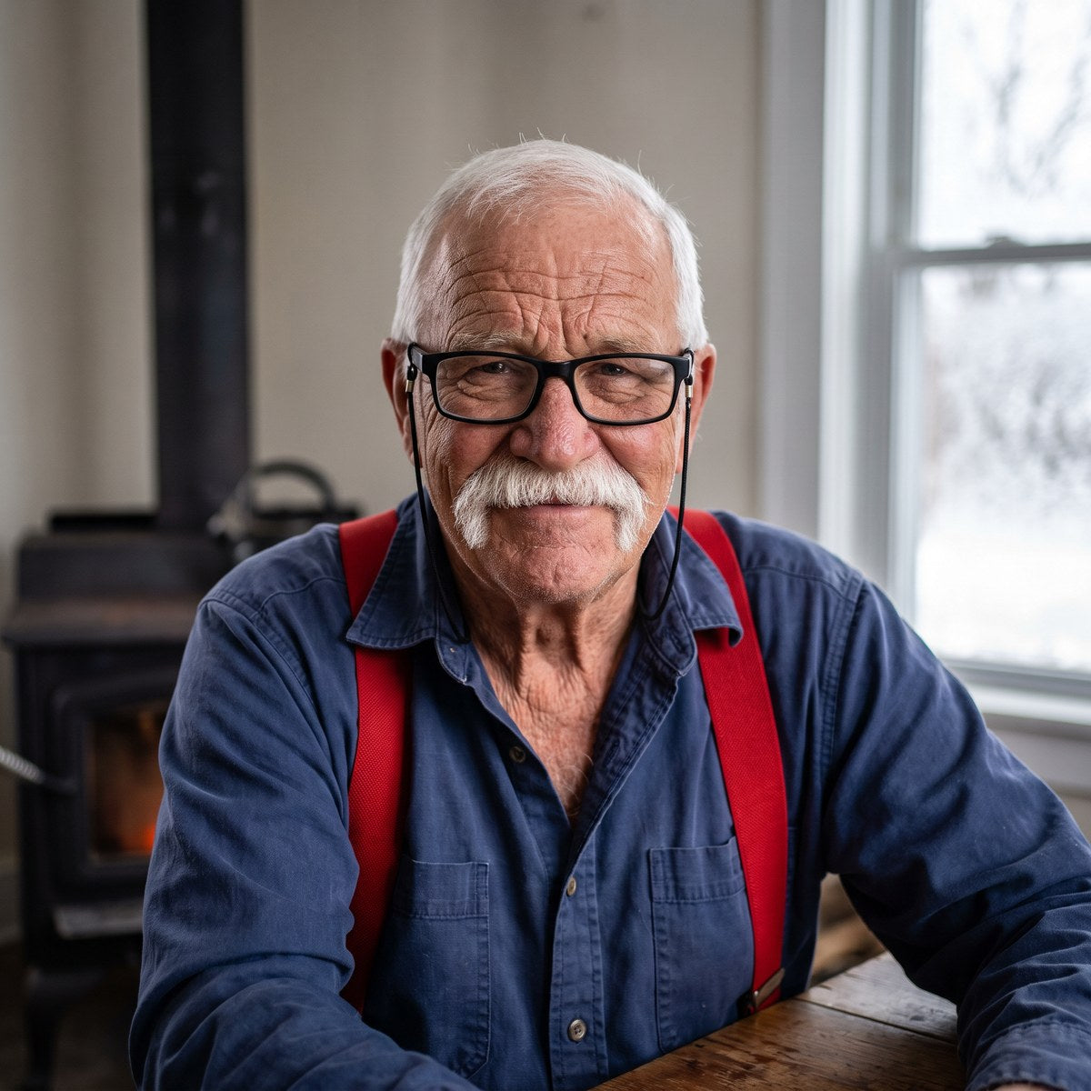 Tom Brennan at his kitchen table, the wood stove behind him